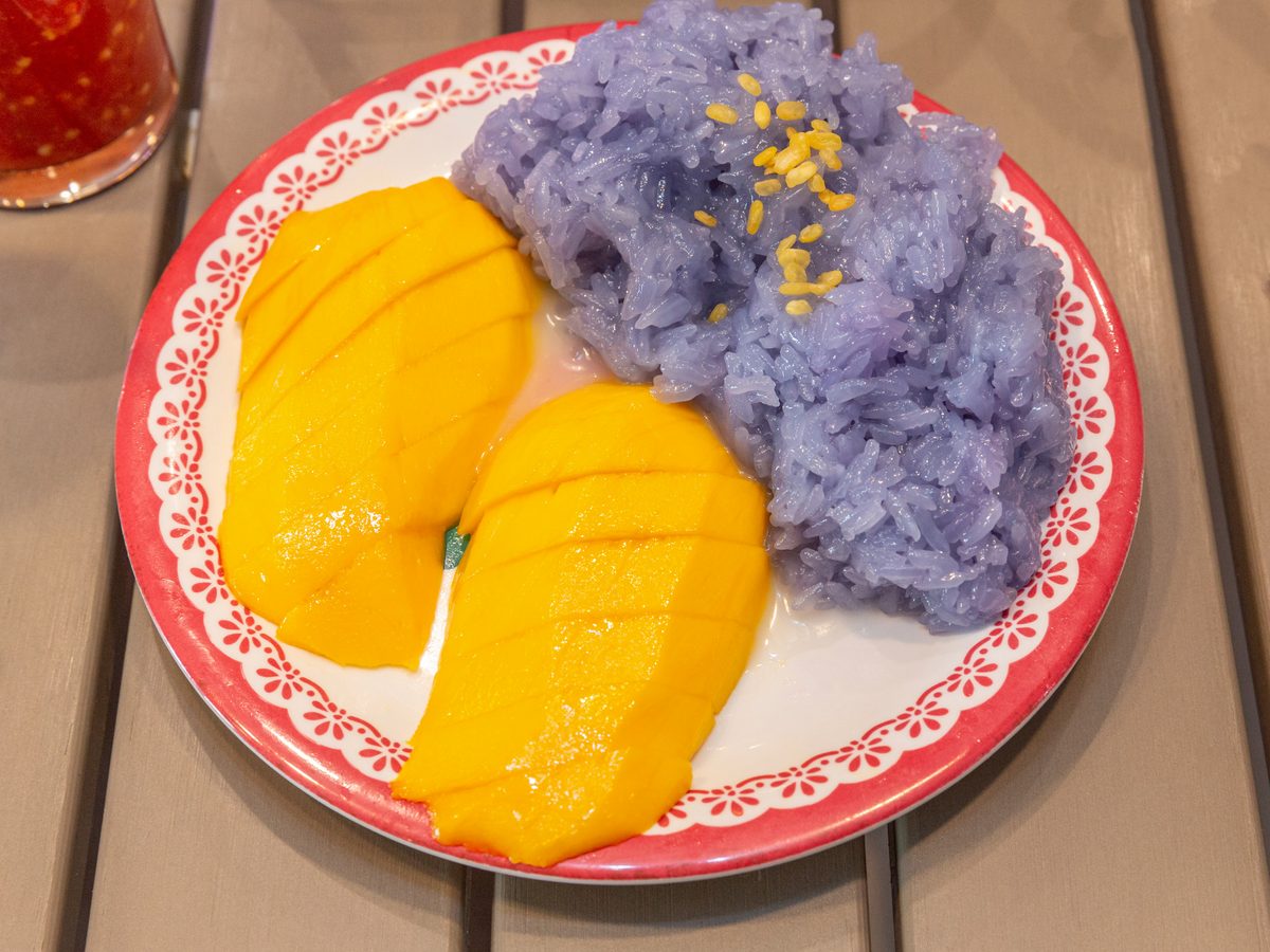 Mango Sticky Rice with butterfly pea blue sticky rice and fresh mango